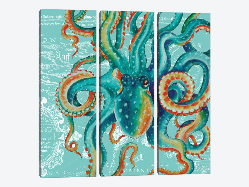Octopus Teal Tentacles Vintage Map Teal by Seven Sirens Studios 3-piece Canvas Print