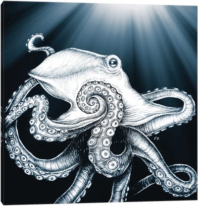 Octopus Tentacles Moon Rays Blue Canvas Art Print