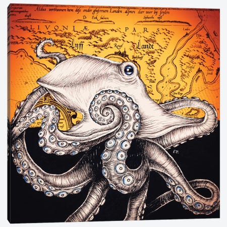 Octopus Vintage Map Orange Red Ink Canvas Print #SSI56} by Seven Sirens Studios Canvas Art Print
