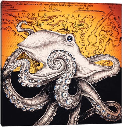 Octopus Vintage Map Orange Red Ink Canvas Art Print - Nautical Maps