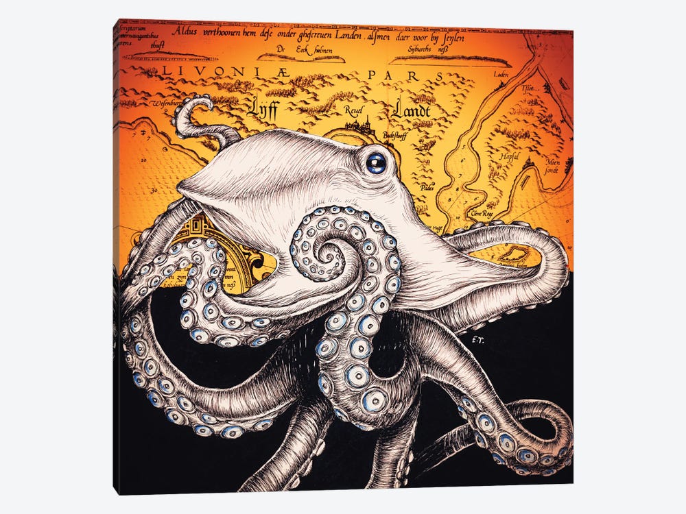 Octopus Vintage Map Orange Red Ink by Seven Sirens Studios 1-piece Canvas Print
