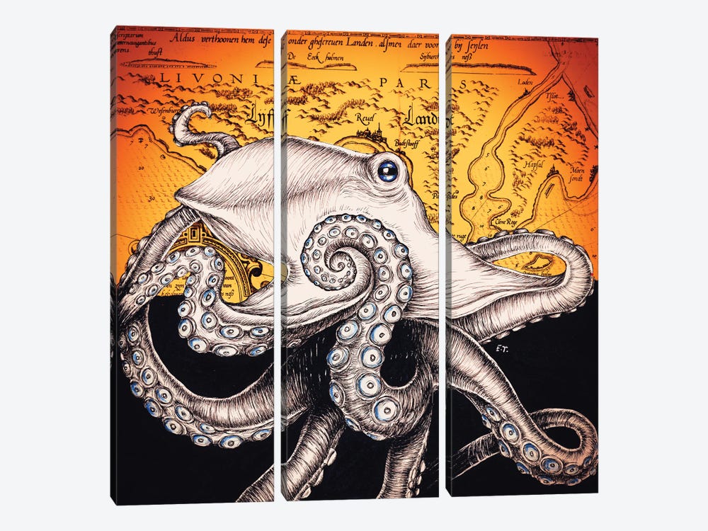 Octopus Vintage Map Orange Red Ink by Seven Sirens Studios 3-piece Canvas Art Print
