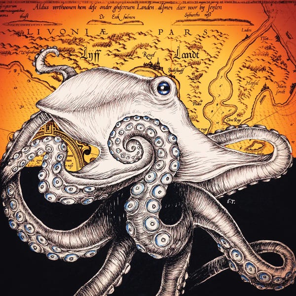 Seven Sirens Studios: Octopus Vintage Map Orange Red Ink by Seven Sirens Studios