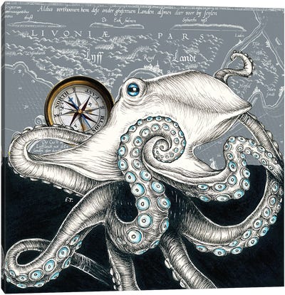 Octopus Compass Vintage Map Grey Canvas Art Print