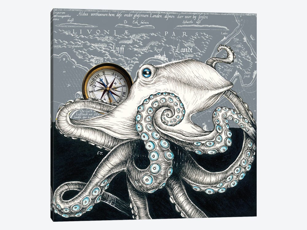 Octopus Compass Vintage Map Grey by Seven Sirens Studios 1-piece Canvas Art