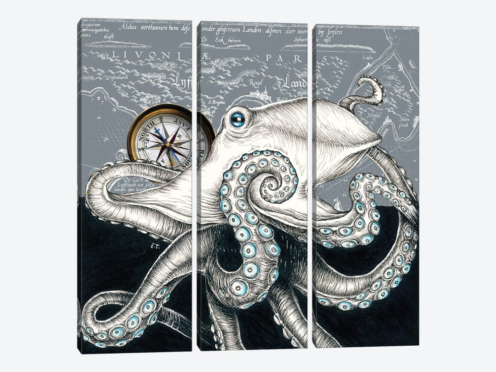 Octopus Compass Vintage Map Grey by Seven Sirens Studios 3-piece Canvas Artwork