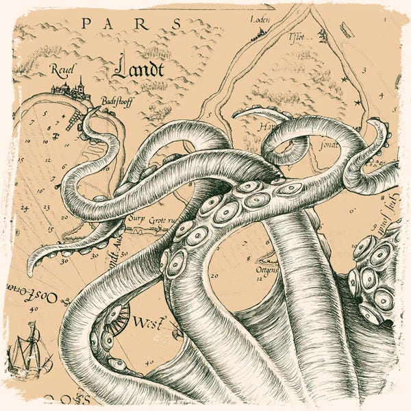 Cottagecore Goes Coastal: Octopus Tentacles Vintage Map Brushed Beige by Seven Sirens Studios