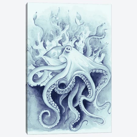 Octopus In The Kelp Blue Watercolor Canvas Print #SSI59} by Seven Sirens Studios Canvas Artwork