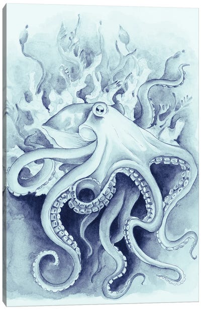 Octopus In The Kelp Blue Watercolor Canvas Art Print - Seven Sirens Studios