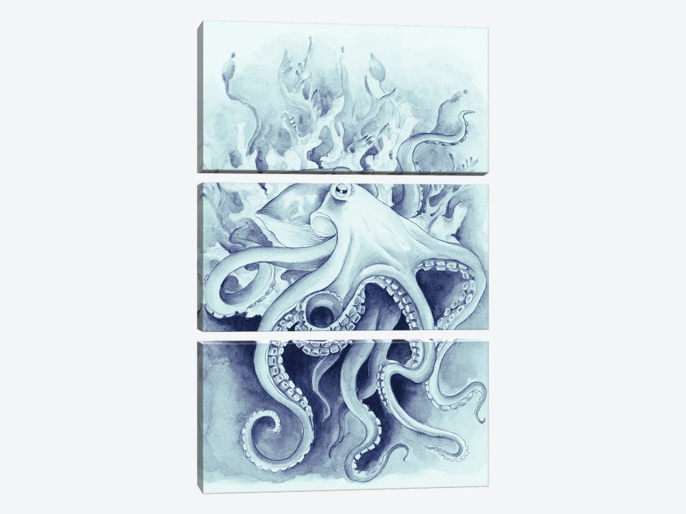 Octopus In The Kelp Blue Watercolor by Seven Sirens Studios 3-piece Canvas Artwork