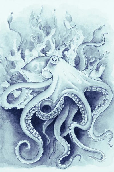 Octopi: Octopus In The Kelp Blue Watercolor by Seven Sirens Studios