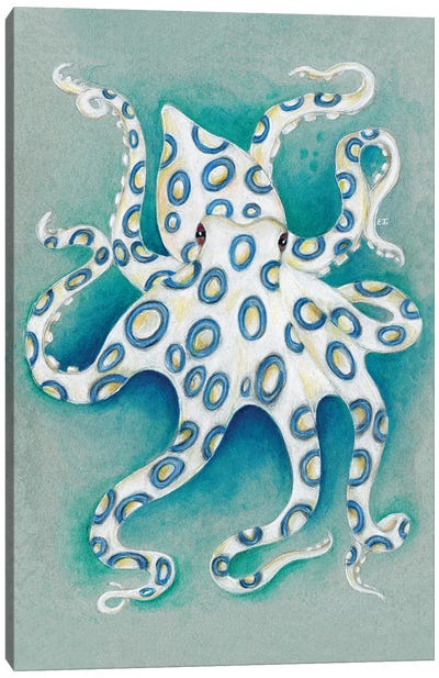 Blue Ring Octopus Teal Grey Canvas Art Print - Octopus Art