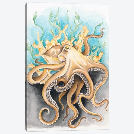 Octopus In The Kelp Teal Beige Watercolor Canvas Print #SSI60} by Seven Sirens Studios Art Print