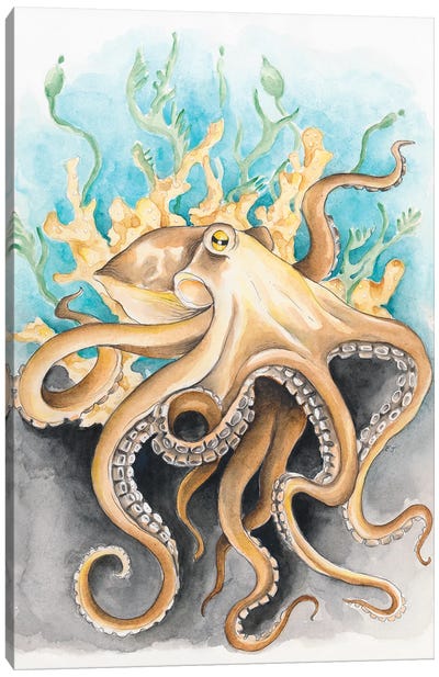 Octopus In The Kelp Teal Beige Watercolor Canvas Art Print - Octopus Art