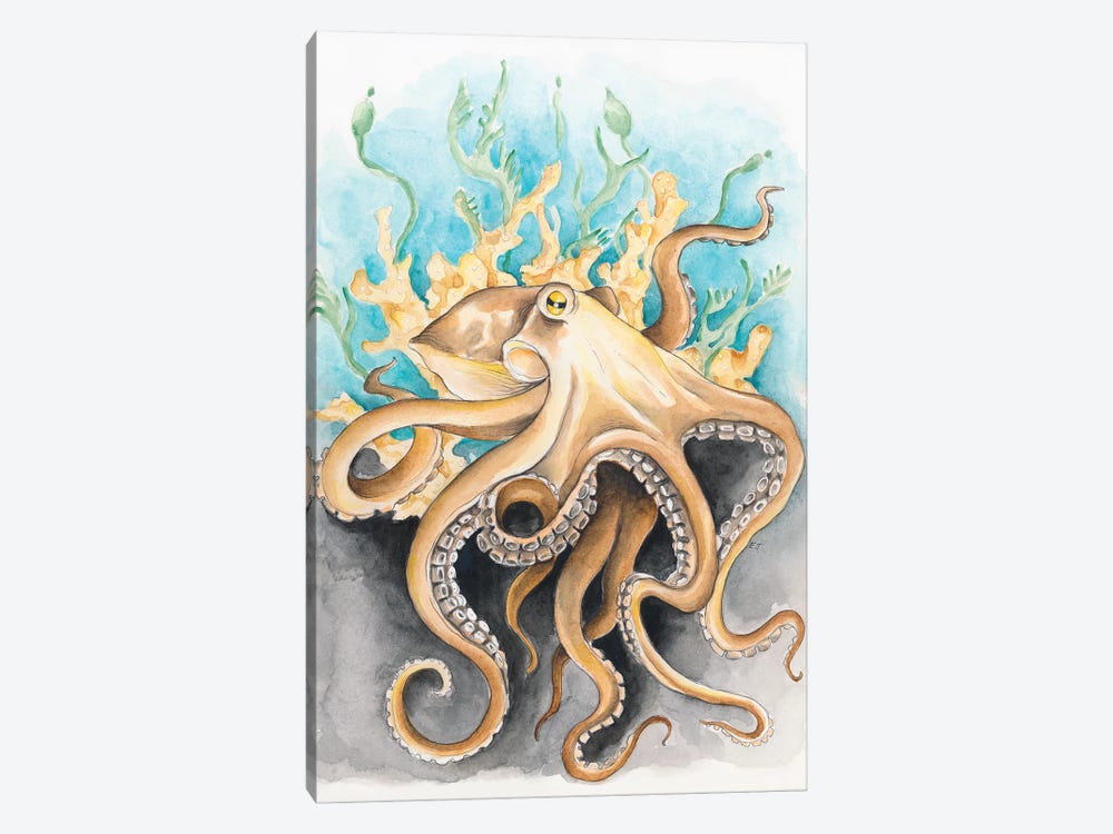 Octopus In The Kelp Teal Beige Watercolor by Seven Sirens Studios 1-piece Canvas Artwork