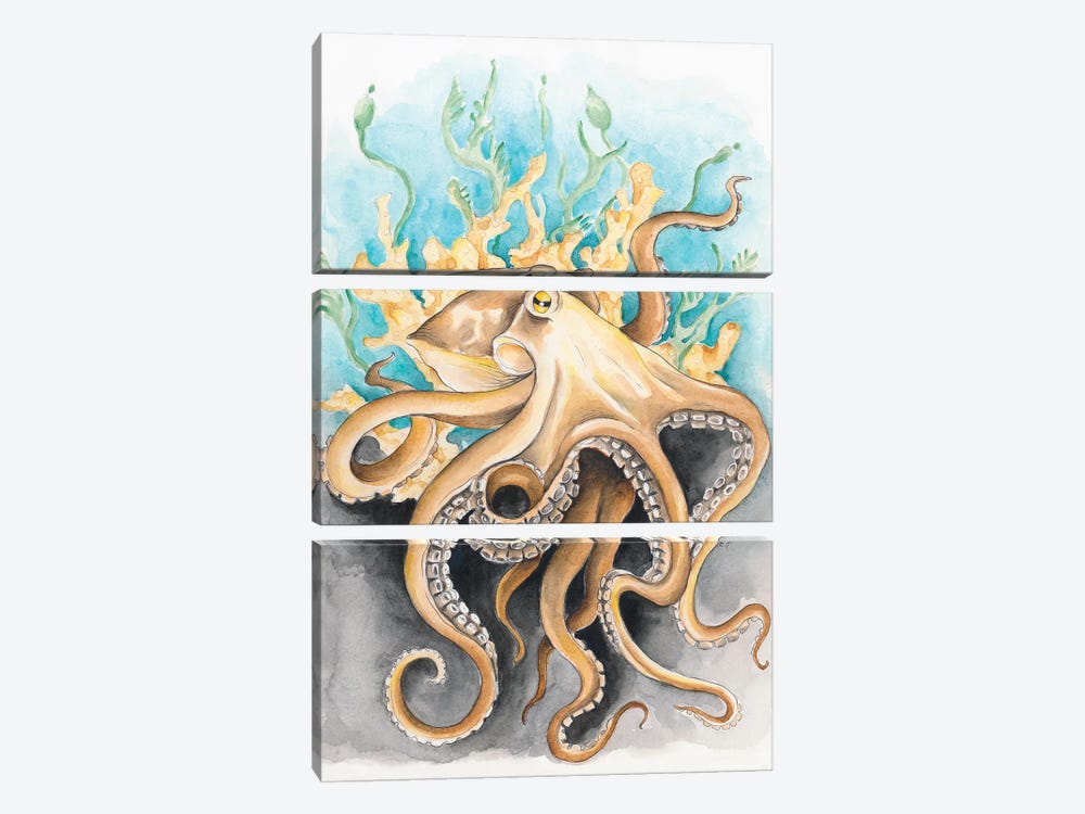 Octopus In The Kelp Teal Beige Watercolor by Seven Sirens Studios 3-piece Canvas Wall Art