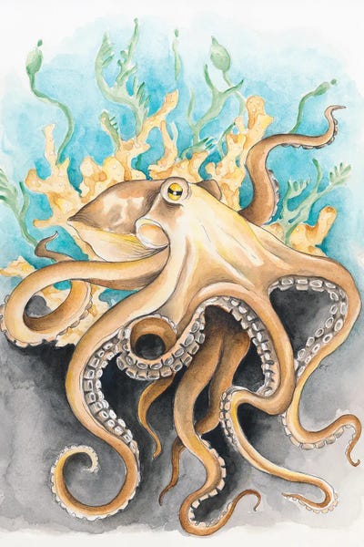 Seven Sirens Studios: Octopus In The Kelp Teal Beige Watercolor by Seven Sirens Studios