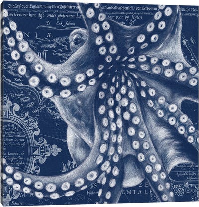 Blue Octopus Vintage Map Canvas Art Print - Cottagecore Goes Coastal