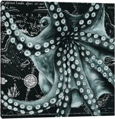 Cyan Green Octopus Vintage Map Canvas Art Print - Cottagecore Goes Coastal