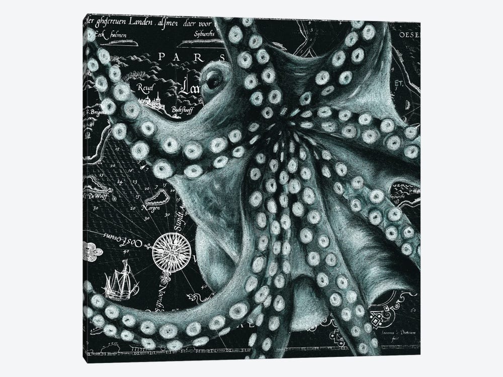 Cyan Green Octopus Vintage Map by Seven Sirens Studios 1-piece Canvas Art