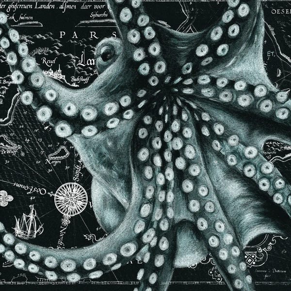 Seven Sirens Studios: Cyan Green Octopus Vintage Map by Seven Sirens Studios