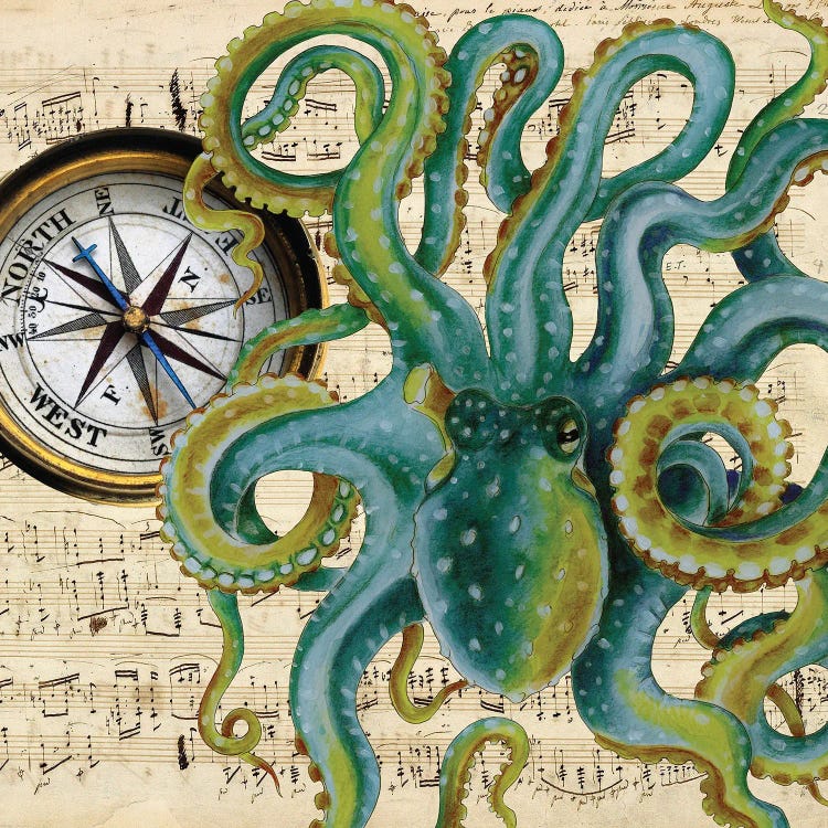 Green Octopus Compass Nautical Music by Seven Sirens Studios wall art