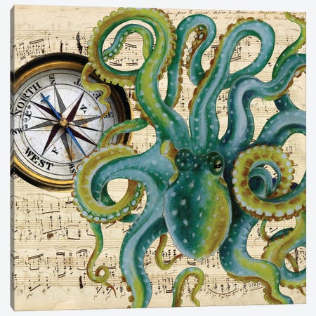Green Octopus Compass Nautical Music Canvas Print #SSI63} by Seven Sirens Studios Art Print