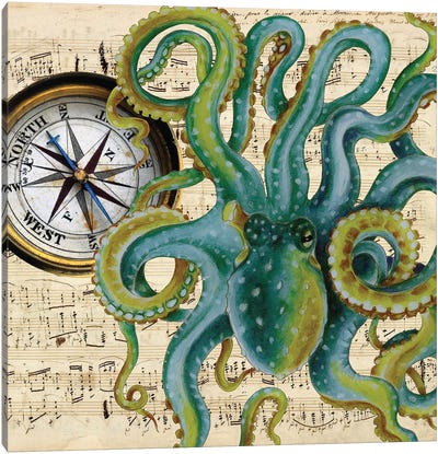 Green Octopus Compass Nautical Music Canvas Art Print - Compasses