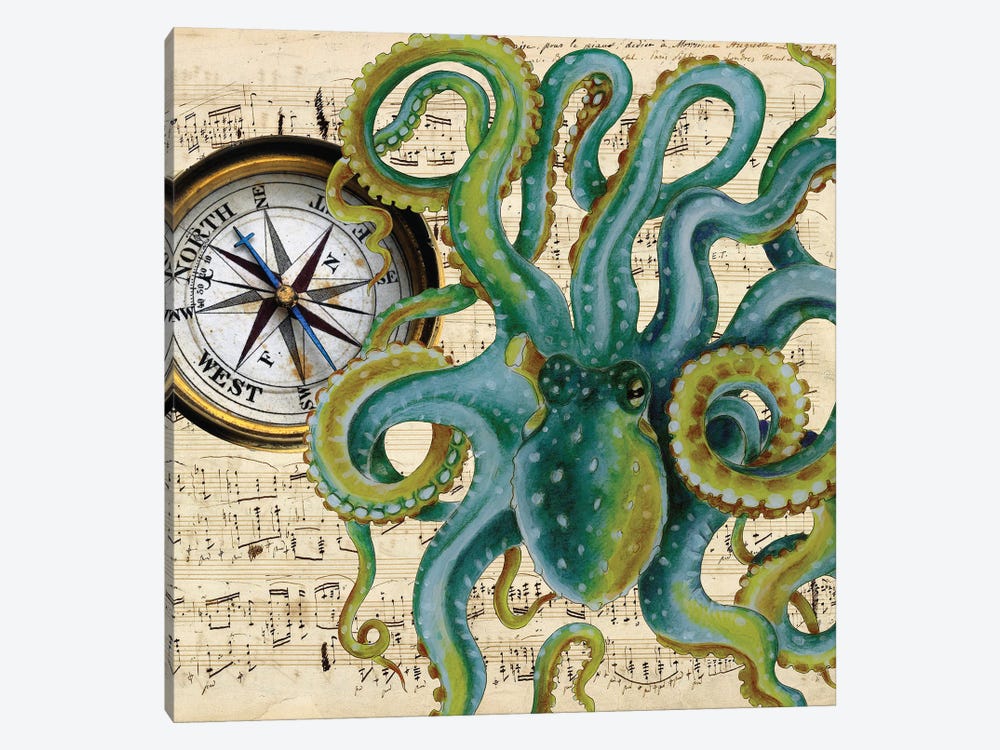 Green Octopus Compass Nautical Music by Seven Sirens Studios 1-piece Art Print
