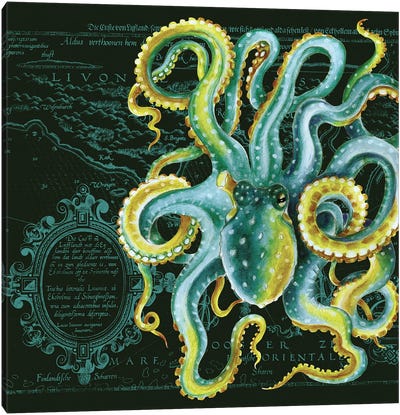 Green Octopus Vintage Map Dark Chic Canvas Art Print - Octopus Art