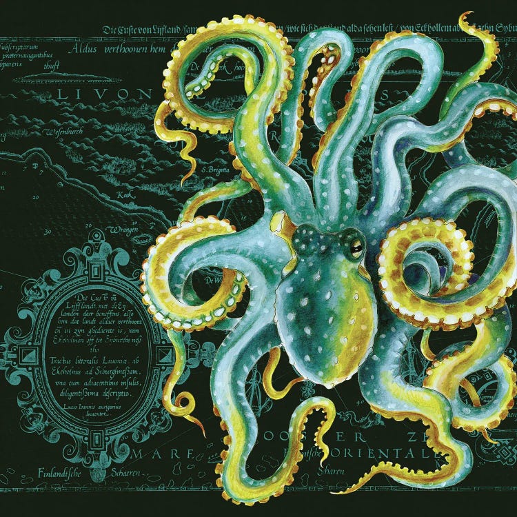 Green Octopus Vintage Map Dark Chic