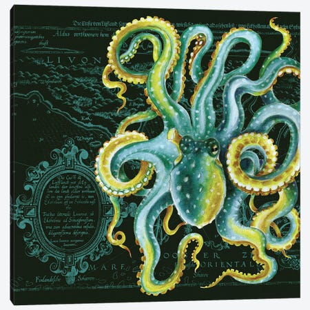 Green Octopus Vintage Map Dark Chic Canvas Print #SSI65} by Seven Sirens Studios Canvas Artwork