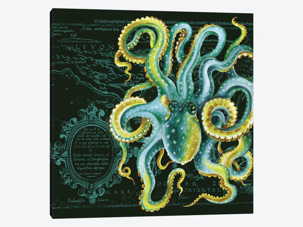 Green Octopus Vintage Map Dark Chic by Seven Sirens Studios 1-piece Canvas Art Print