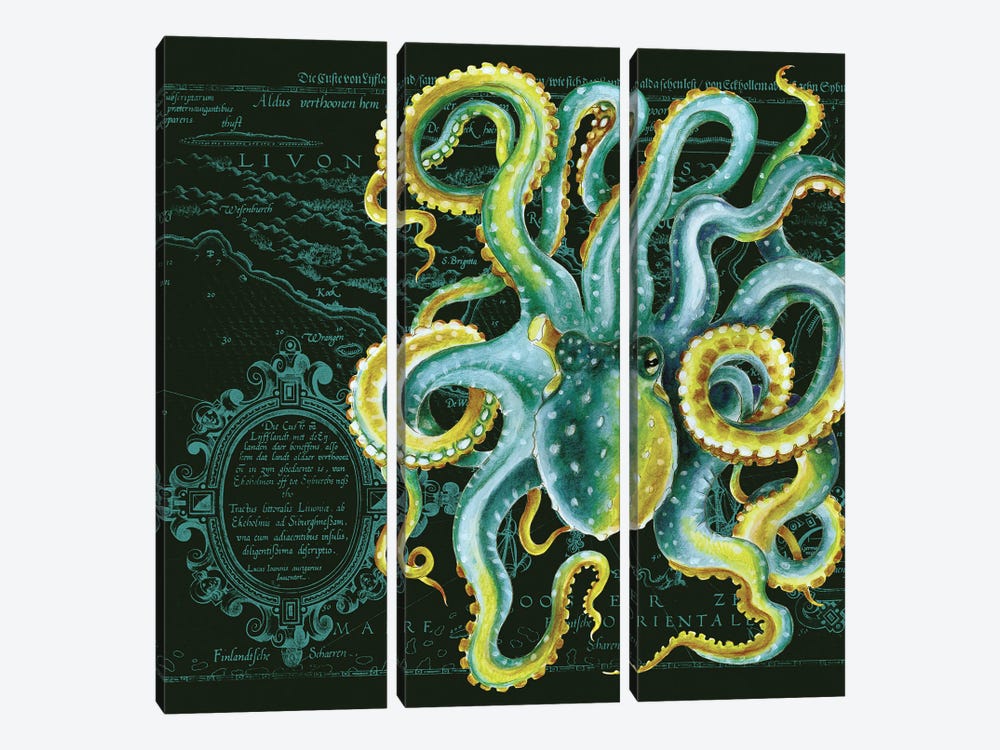 Green Octopus Vintage Map Dark Chic by Seven Sirens Studios 3-piece Art Print