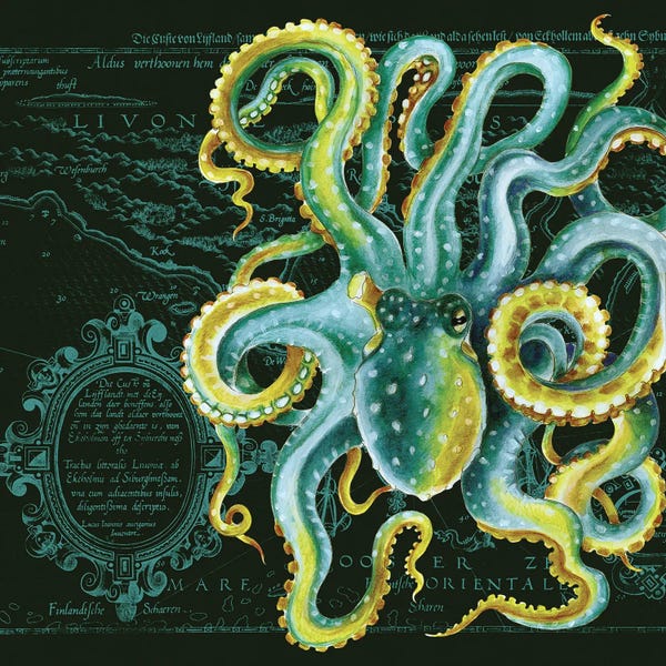 Seven Sirens Studios: Green Octopus Vintage Map Dark Chic by Seven Sirens Studios