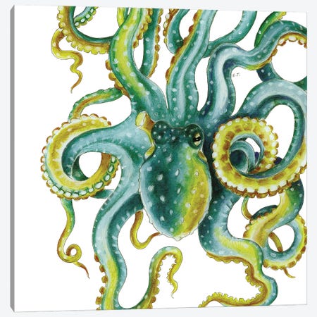 Green Octopus Tentacles Watercolor Art Canvas Print #SSI66} by Seven Sirens Studios Canvas Artwork