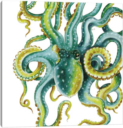 Green Octopus Tentacles Watercolor Art Canvas Art Print - Octopus Art