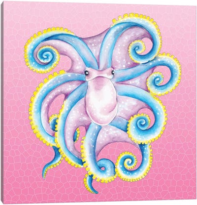 Blue Octopus Pink Stained Glass Canvas Art Print - Octopus Art