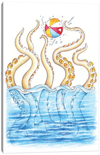 Octopus Playing Beach Ball Canvas Art Print - Seven Sirens Studios