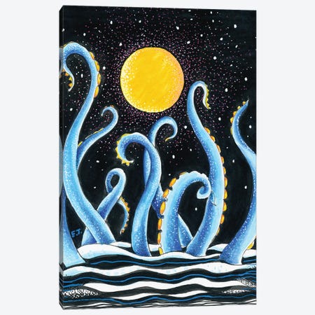 Blue Tentacles Moon And Stars Ink Canvas Print #SSI6} by Seven Sirens Studios Canvas Art Print