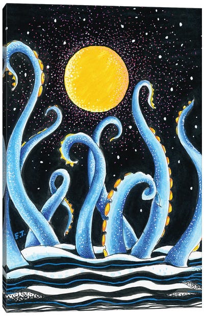 Blue Tentacles Moon And Stars Ink Canvas Art Print - Seven Sirens Studios