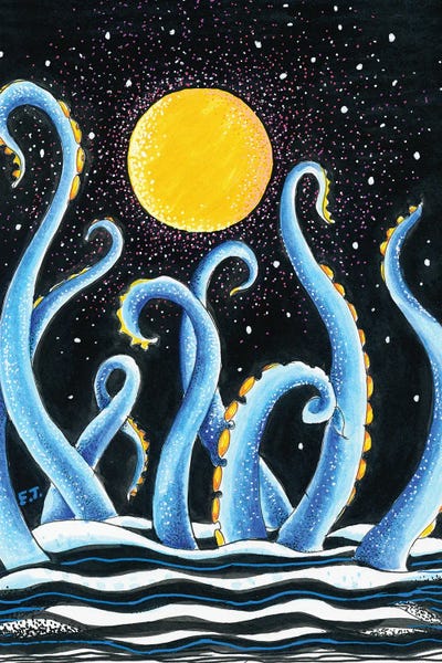 Kids Astronomy & Space Art: Blue Tentacles Moon And Stars Ink by Seven Sirens Studios
