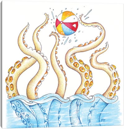 Octopus Playing Beach Ball Square Canvas Art Print - Seven Sirens Studios
