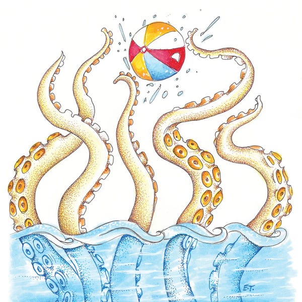 Seven Sirens Studios: Octopus Playing Beach Ball Square by Seven Sirens Studios