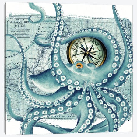Octopus Teal Compass Nautical Canvas Print #SSI72} by Seven Sirens Studios Canvas Wall Art