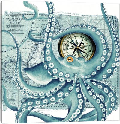 Octopus Teal Compass Nautical Canvas Art Print - Nautical Maps
