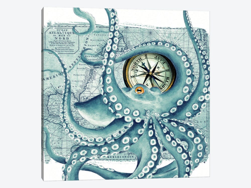 Octopus Teal Compass Nautical by Seven Sirens Studios 1-piece Canvas Print