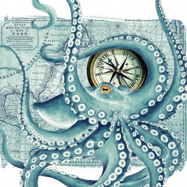 Compasses: Octopus Teal Compass Nautical by Seven Sirens Studios
