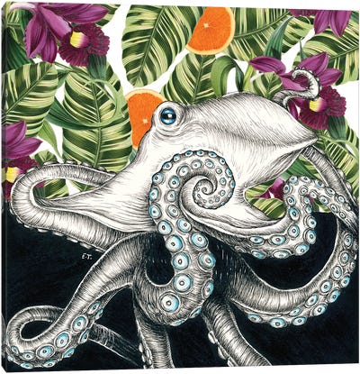 Octopus Oranges And Orchids Ink Canvas Art Print - Octopus Art