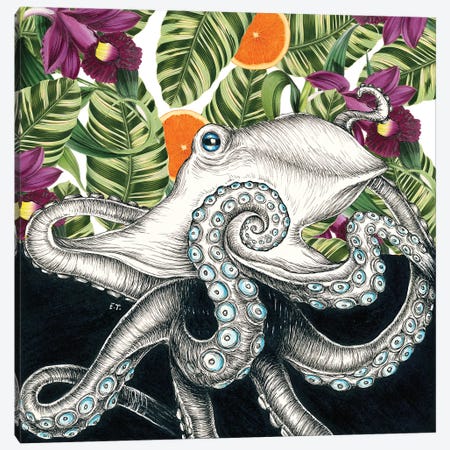 Octopus Oranges And Orchids Ink Canvas Print #SSI73} by Seven Sirens Studios Canvas Wall Art